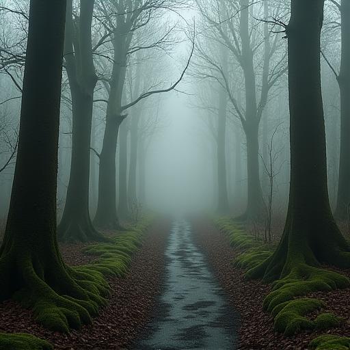Ein schmaler Pfad durch einen nebligen Wald, von einem Nutzer geteilt.