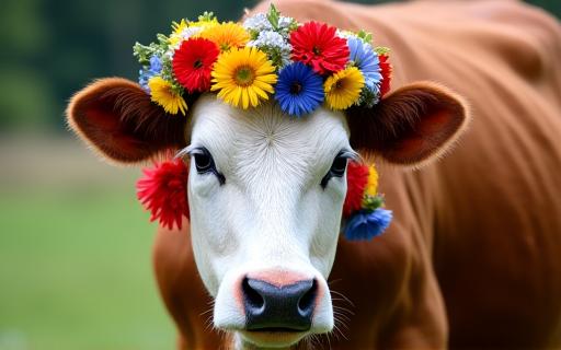 Eine Kuh geschmückt mit Blumen für den Almabtrieb.