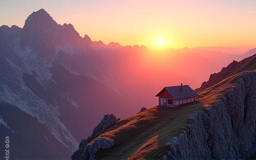 Eine einsame Schutzhütte hoch in den Bergen.