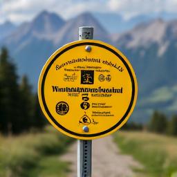 Ein gelbes Wanderwegschild in den Alpen.